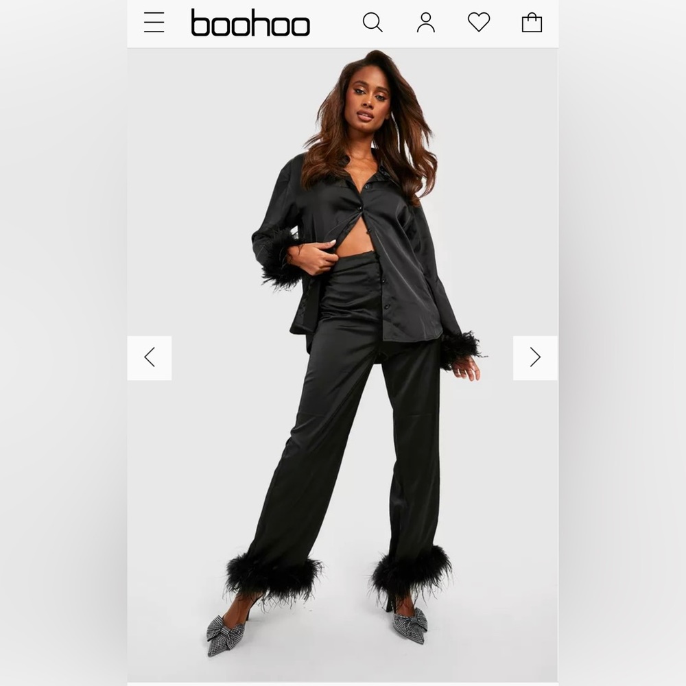 Satin Feather Cuff Pajama Set